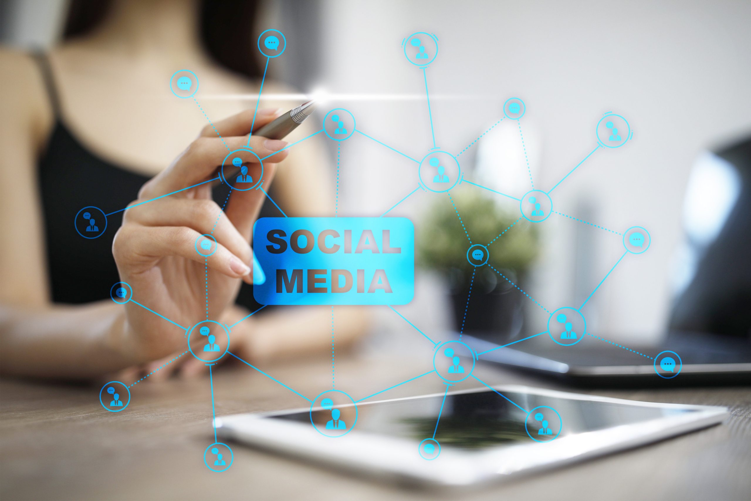 Social media concept on virtual screen. Global Communication network. Social Media Marketing Agency in Fort Myers FL