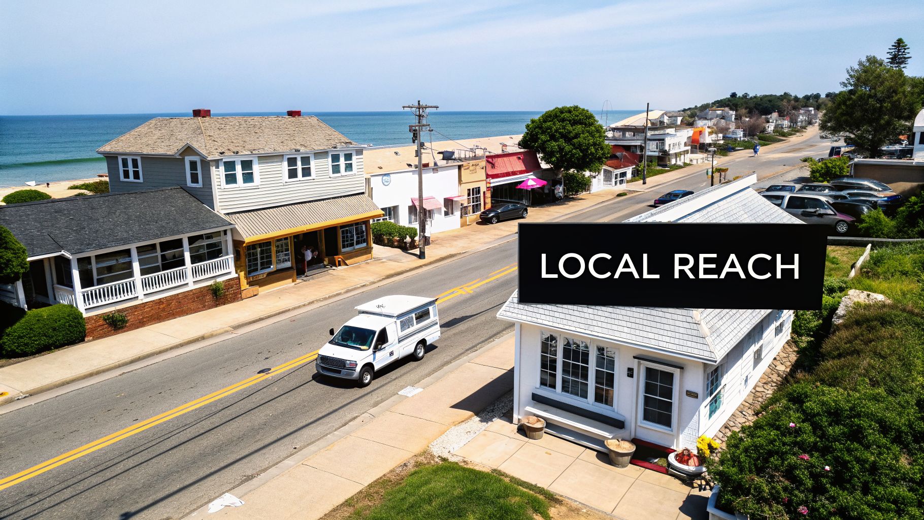 Aerial view of a vibrant coastal town with houses, shops, a road, cars, and the ocean.