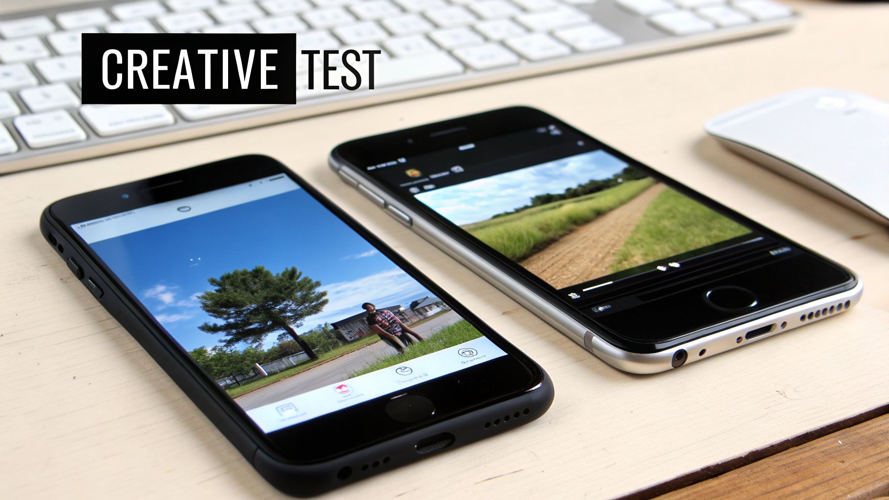 Two iPhones on a wooden desk showing different images, with a keyboard and mouse.
