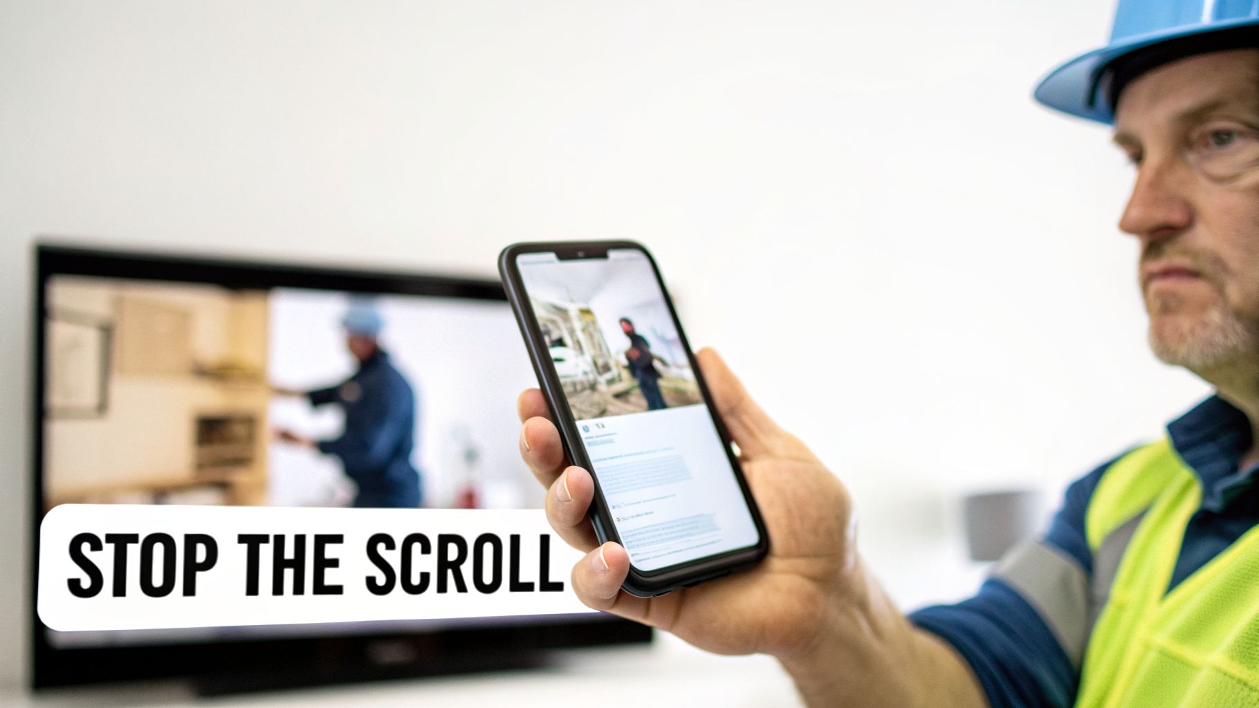 Man in hard hat holds a smartphone showing a 'STOP THE SCROLL' ad for contractors.