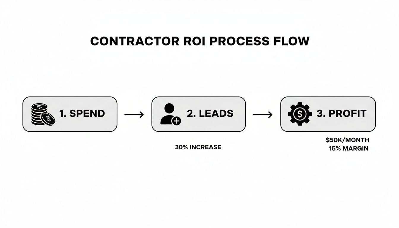 Flowchart illustrating the contractor ROI process: spend generates leads (30% increase) leading to $50K/month profit (15% margin).