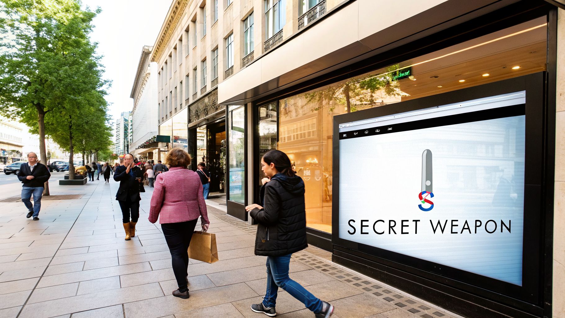 Bustling city street with pedestrians walking past shop windows and a large digital display.