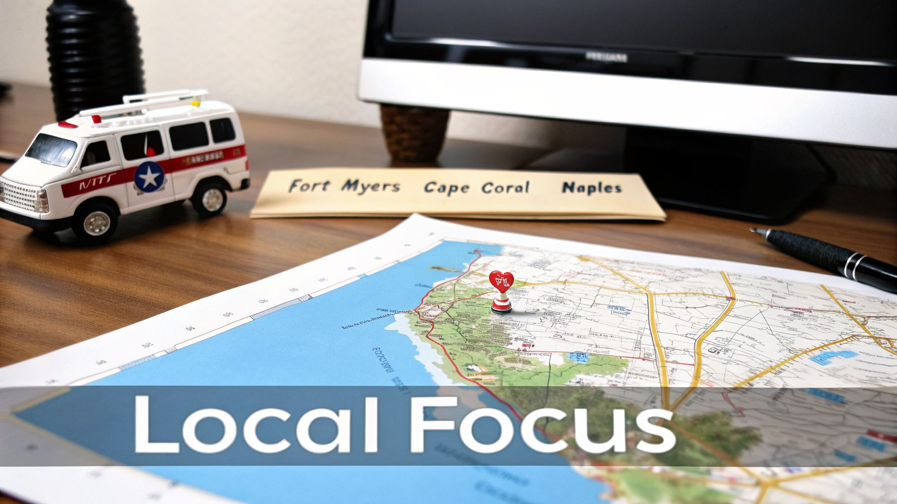 A map with a heart-shaped pin, a toy van, and a sign listing Fort Myers, Cape Coral, and Naples, emphasizing local focus.