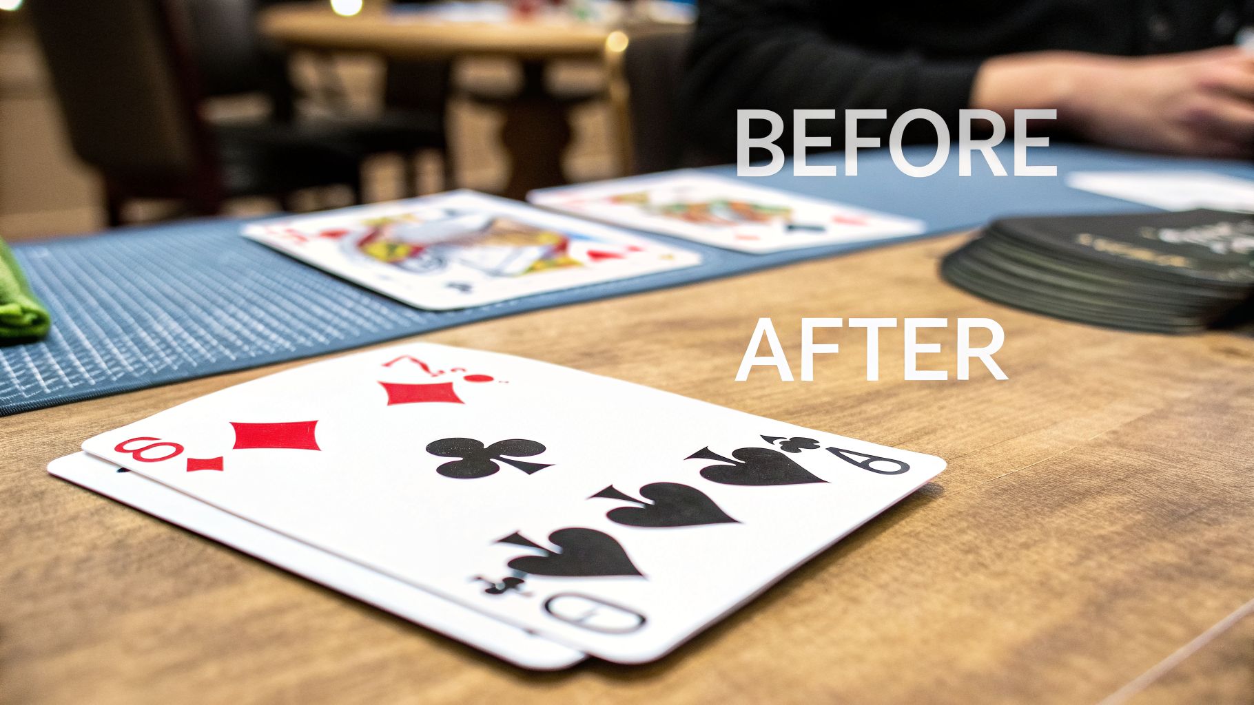 Close-up view of various playing cards arranged on a wooden table with a blue mat.
