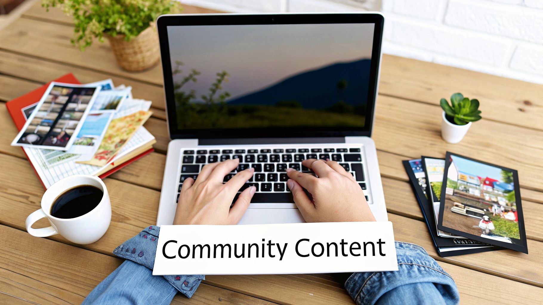 Person typing on a laptop with coffee, photos, and plants on a wooden table, text 'Community Content'.