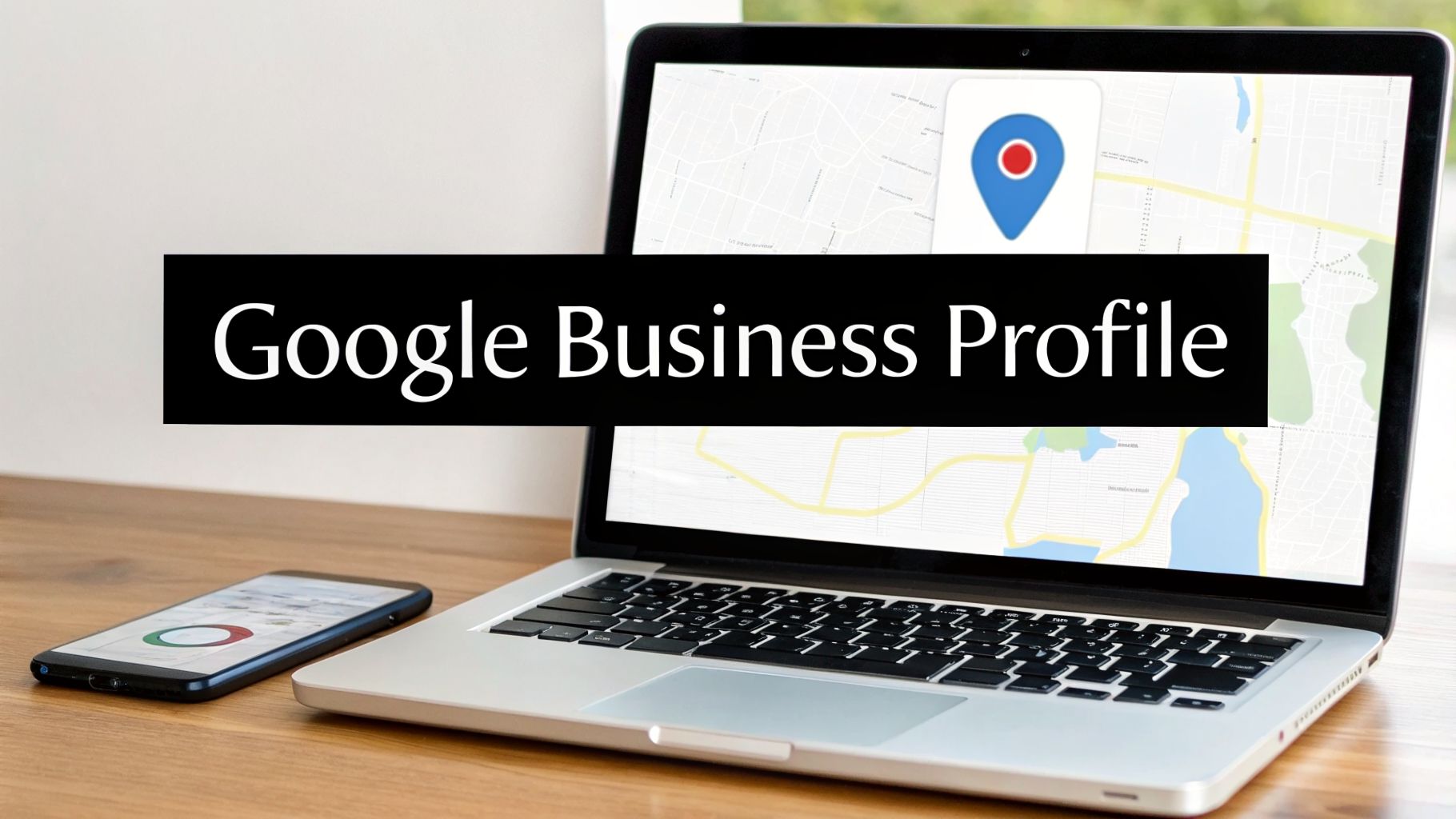 A laptop displays Google Maps with a location pin, a smartphone, and text 'Google Business Profile'.