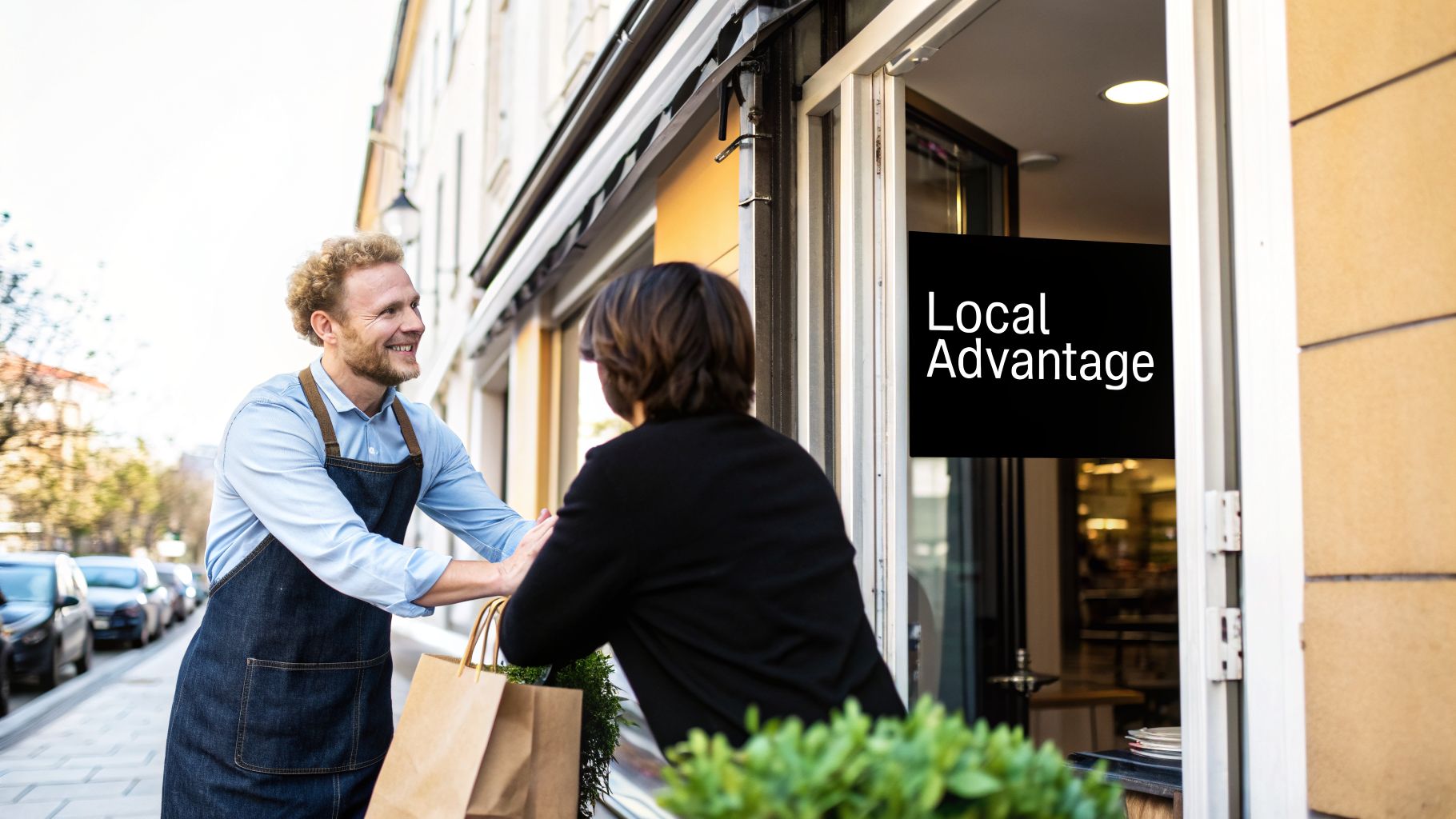 A smiling shop owner in an apron hands brown paper bags to a customer outside a store with a 'Local Advantage' sign.
