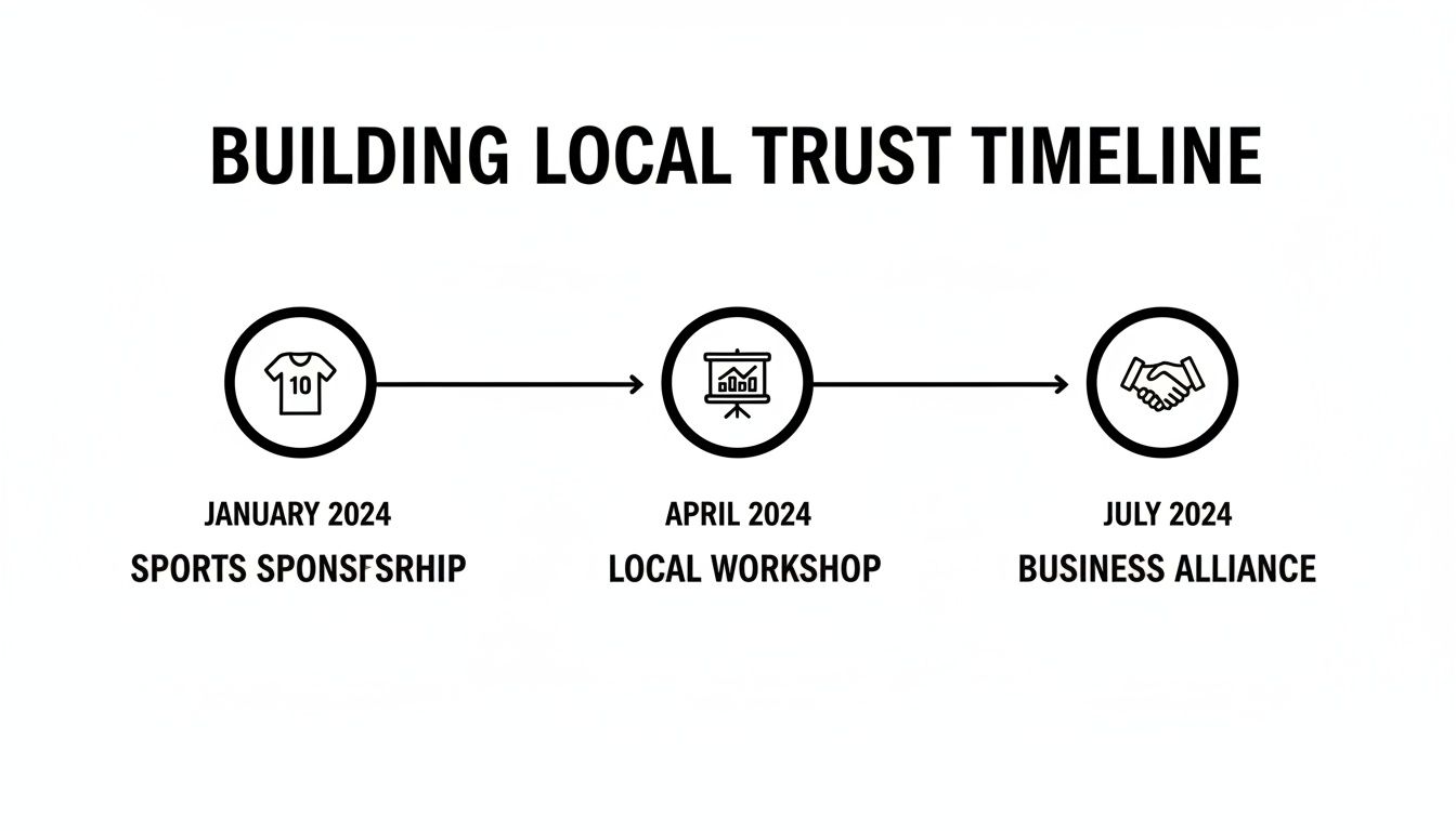 Timeline illustrating a local trust-building strategy: sports sponsorship, workshops, and business alliances from January to July 2024.