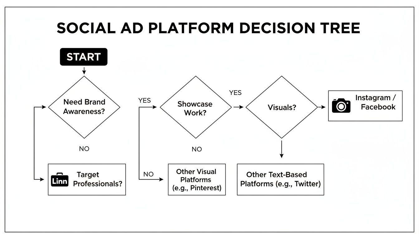 A flowchart decision tree for selecting social ad platforms based on brand awareness, visuals, and targeting professionals.