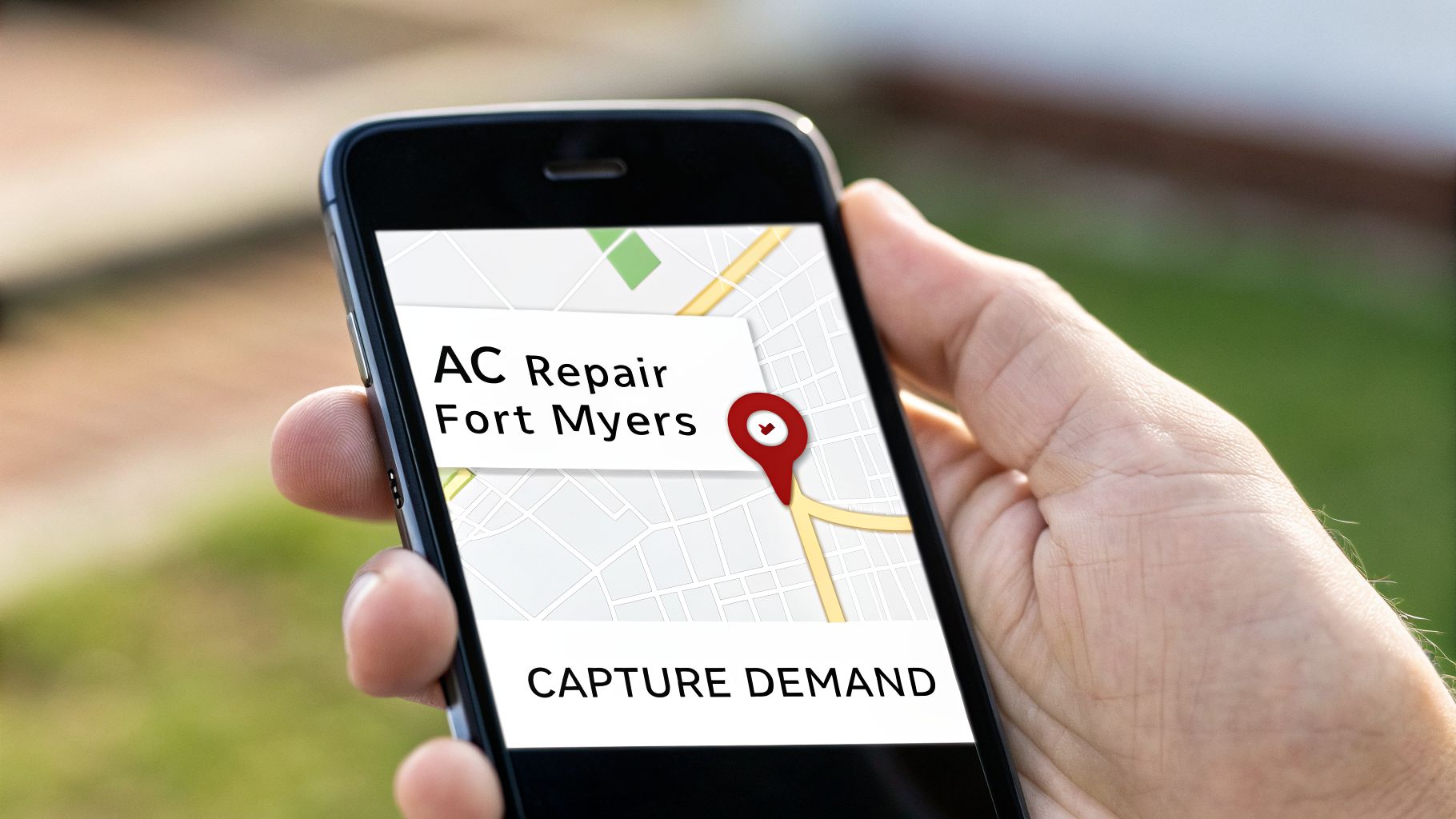 Hand holding a smartphone displaying 'AC Repair Fort Myers' on a map with a location pin and 'CAPTURE DEMAND' text.