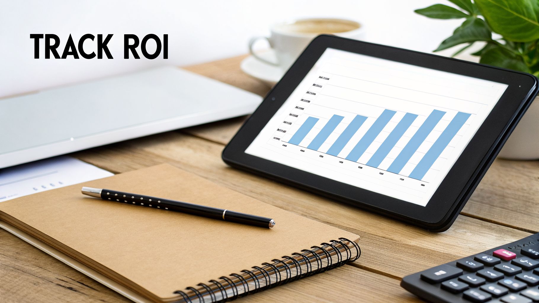 A tablet displaying a bar chart with 'TRACK ROI' text, alongside a laptop, notebook, and calculator.