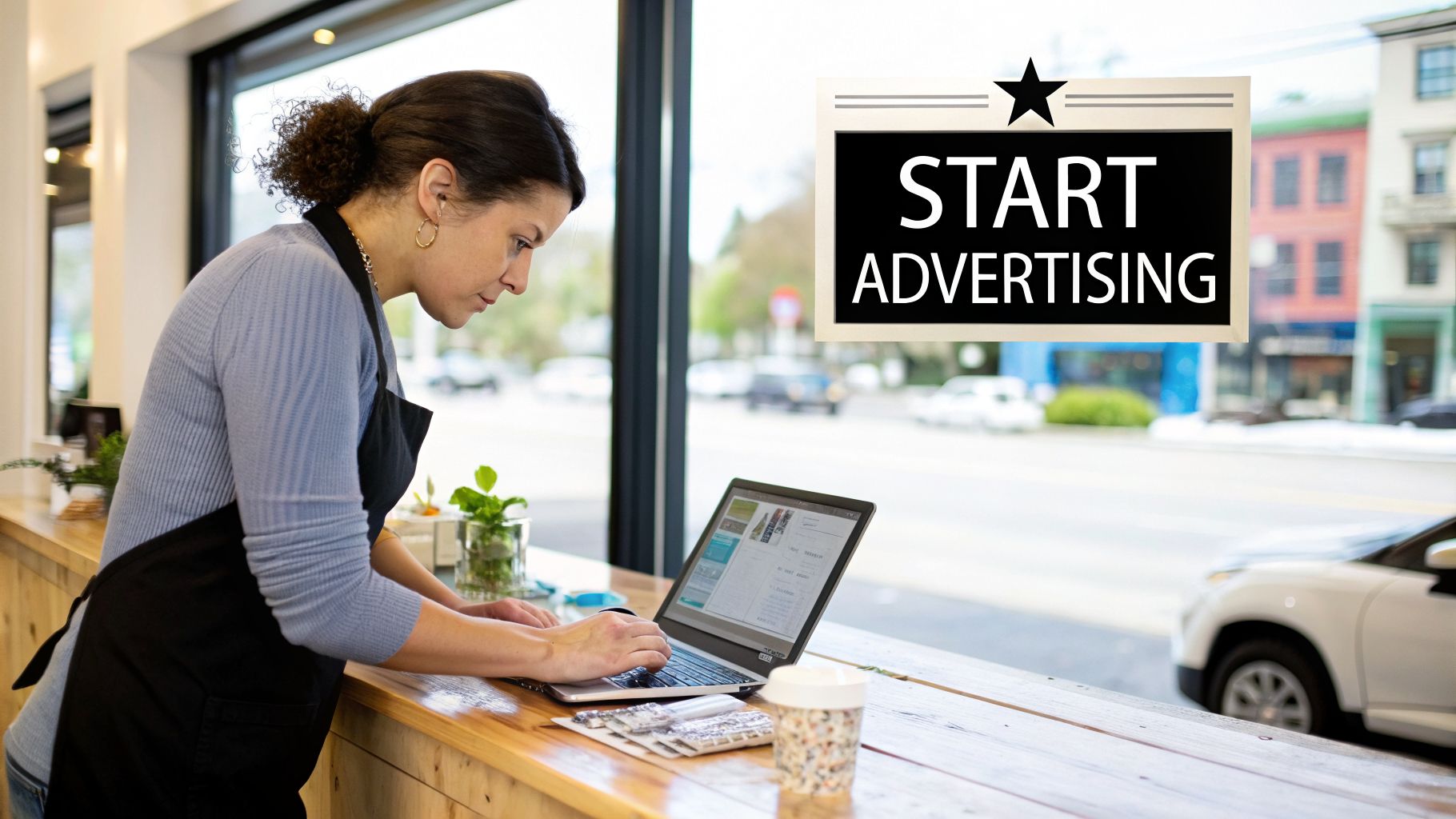 A female small business owner wearing an apron works on a laptop inside her shop, next to a "START ADVERTISING" sign.