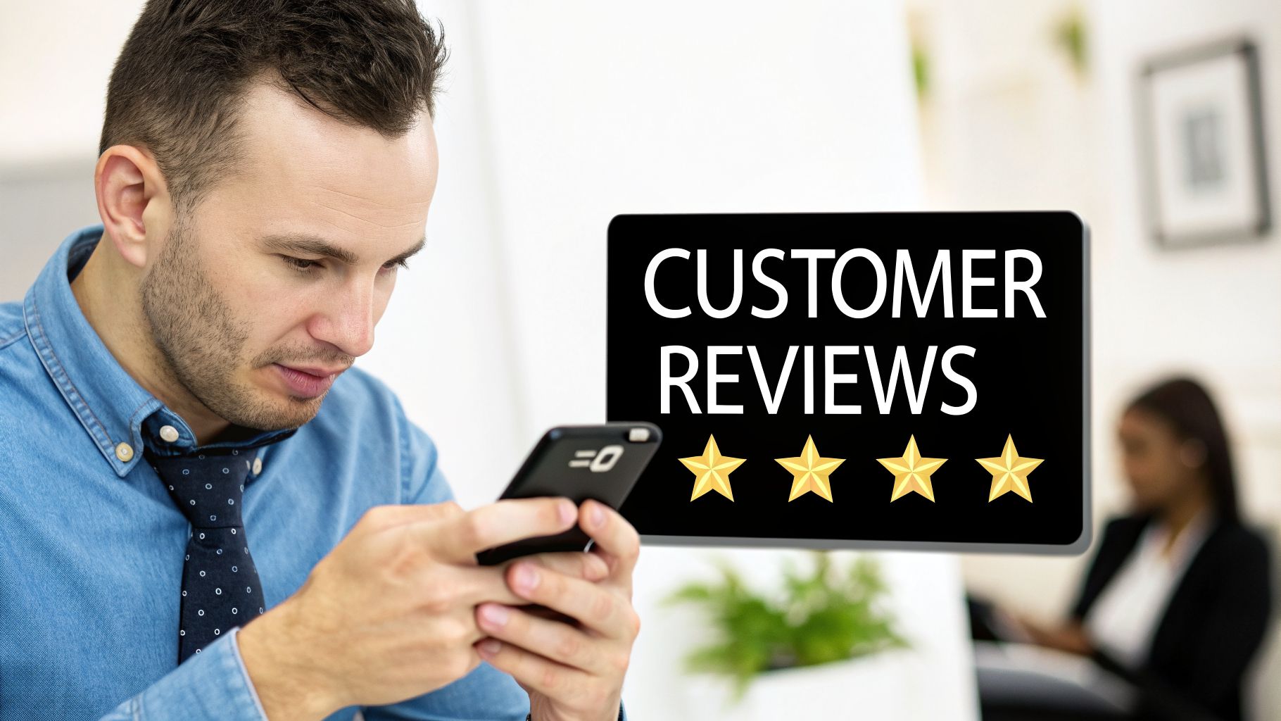 A man in a denim shirt looks at his smartphone, with a 'Customer Reviews' sign displaying four golden stars floating nearby.
