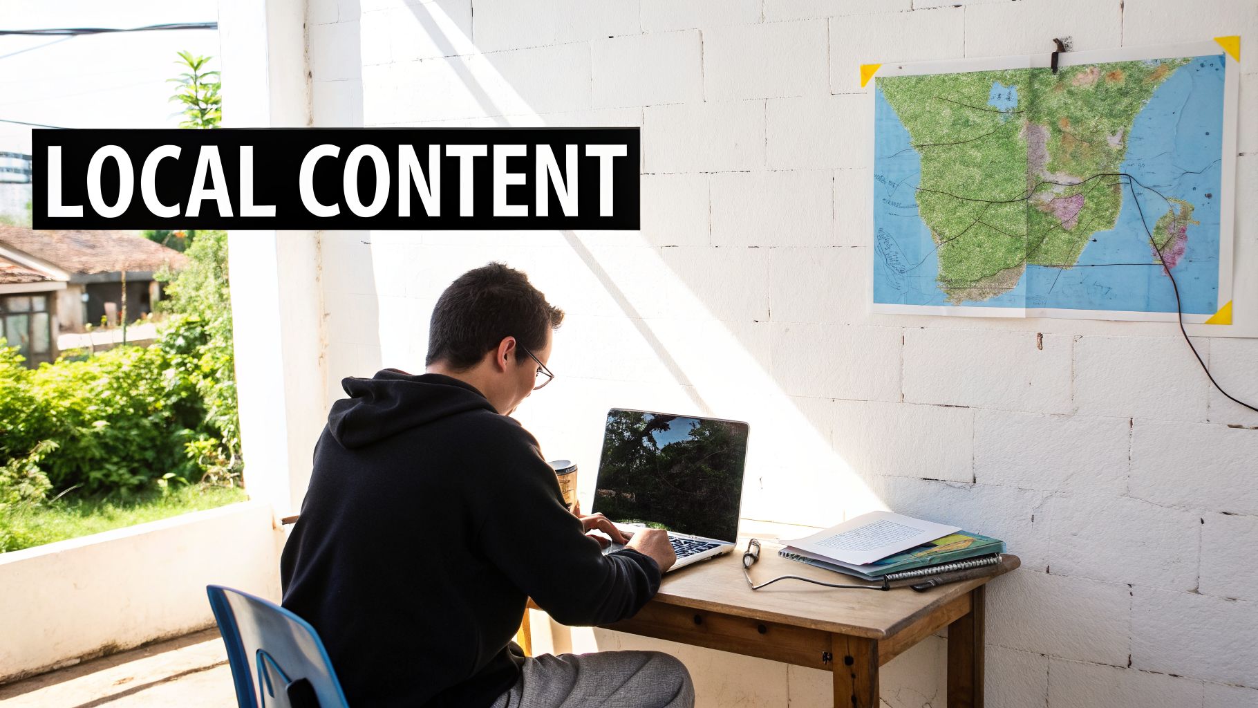 A man works on a laptop at a desk, creating local content, with a map of Africa on the wall.