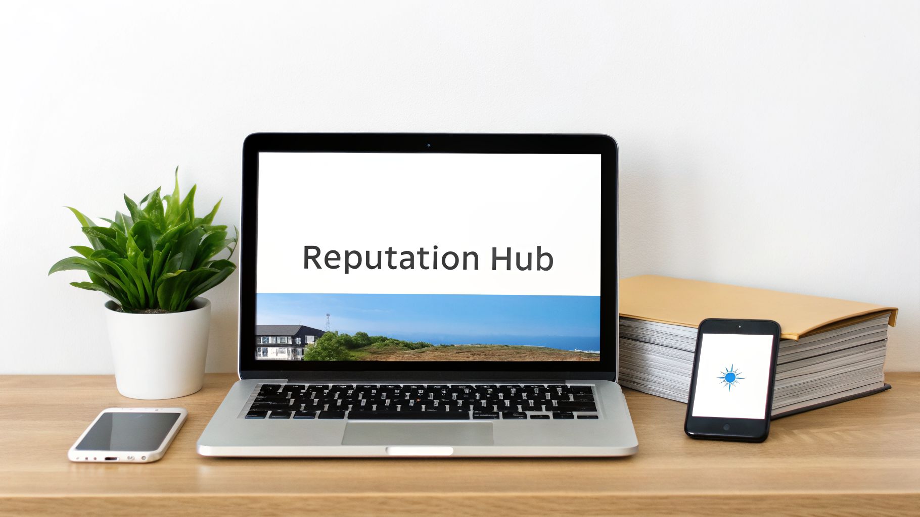 A laptop on a wooden desk displays 'Reputation Hub' next to a plant and smartphones.