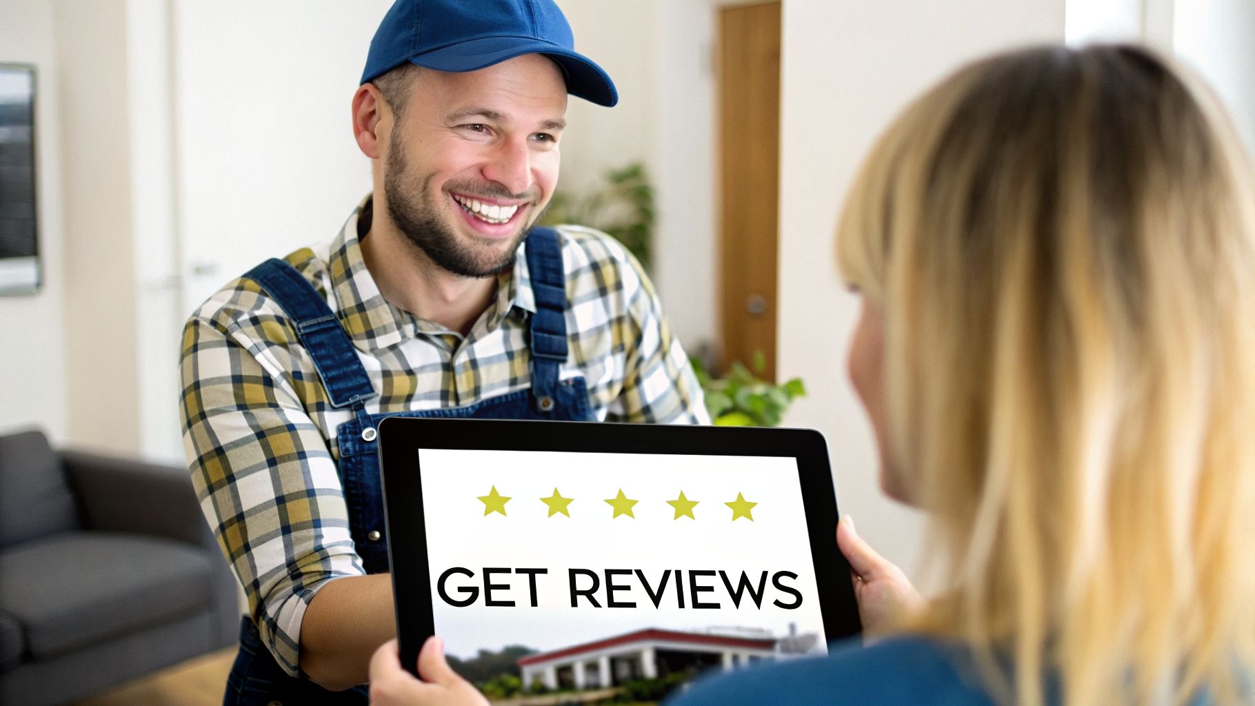 Smiling service worker in uniform showing a tablet with five stars and 'GET REVIEWS' to a happy customer.
