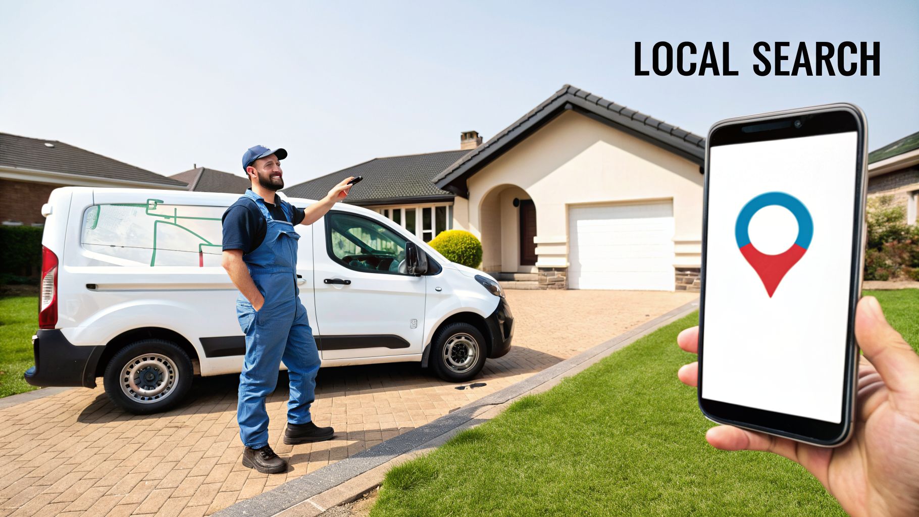 A plumber with his service van in front of a house, and a hand holding a smartphone displaying a local search map pin.