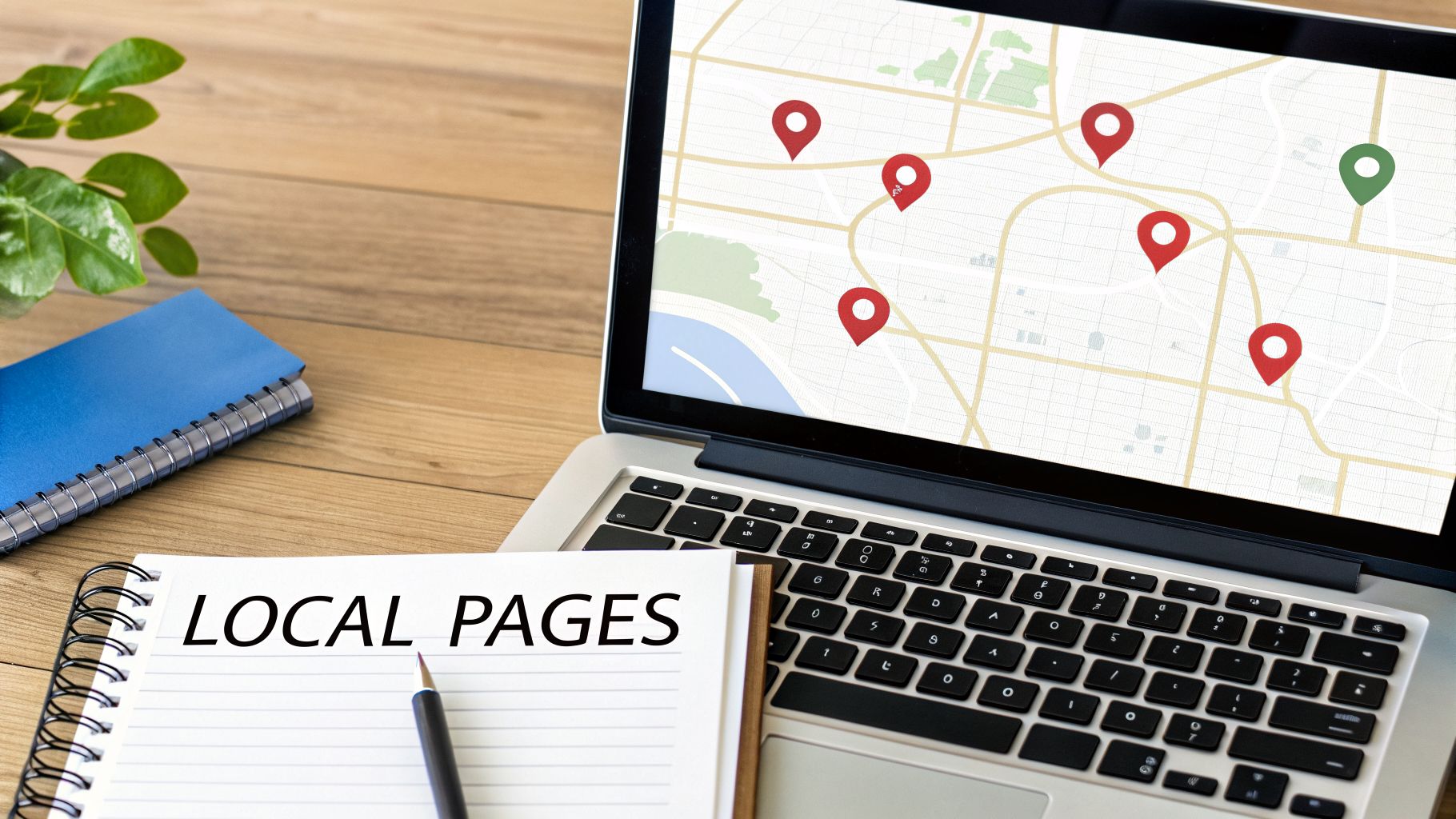 Laptop showing a map with location pins, and a notebook titled 'LOCAL PAGES' on a wooden desk, symbolizing local SEO.