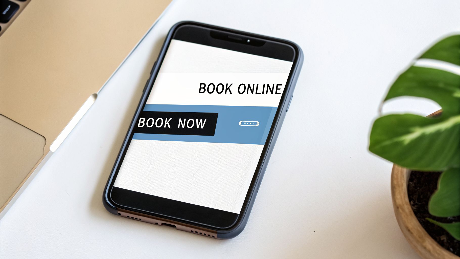 A smartphone displaying 'BOOK ONLINE' and 'BOOK NOW' on its screen, next to a laptop and a plant.