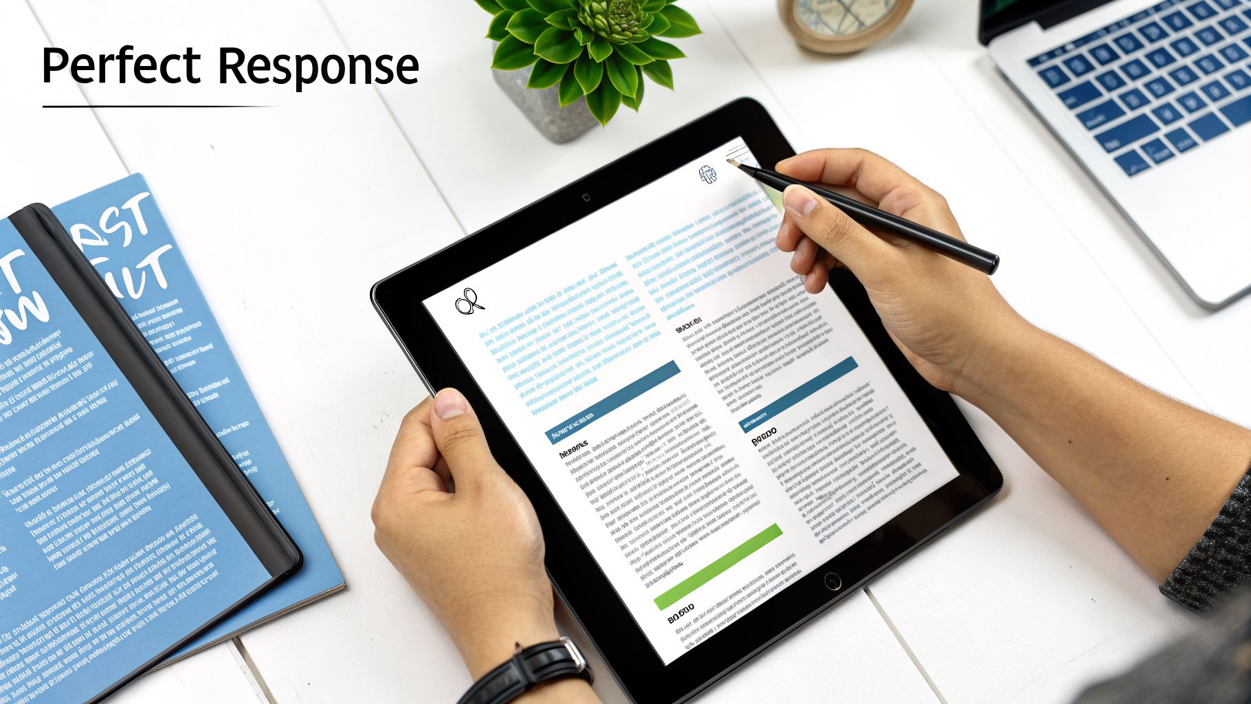 Person's hands using a pen to interact with a document on a tablet, with a book and laptop on a white desk.