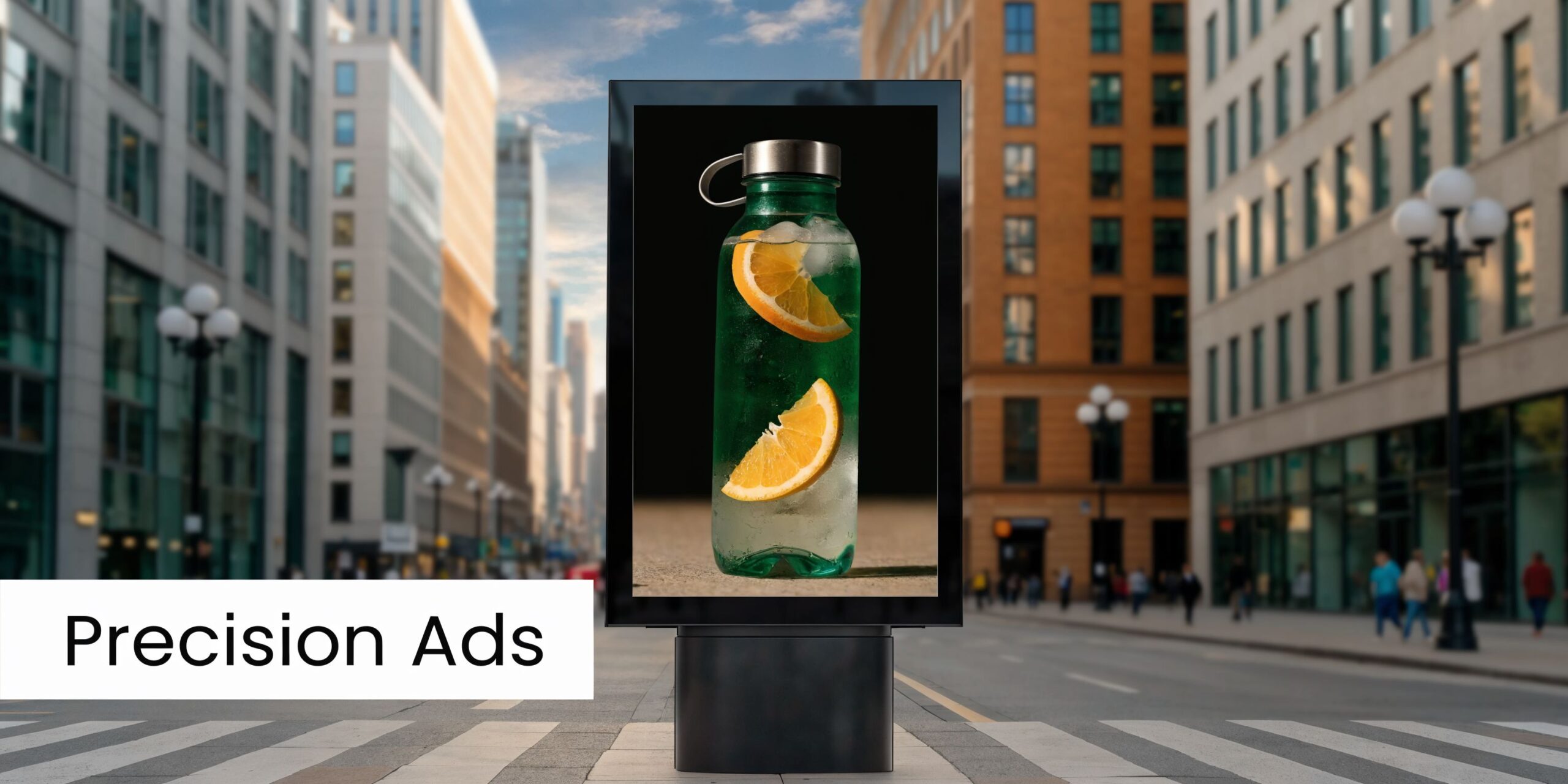 A sleek digital advertising billboard featuring a refreshing fruit-infused water bottle displayed in a city street.