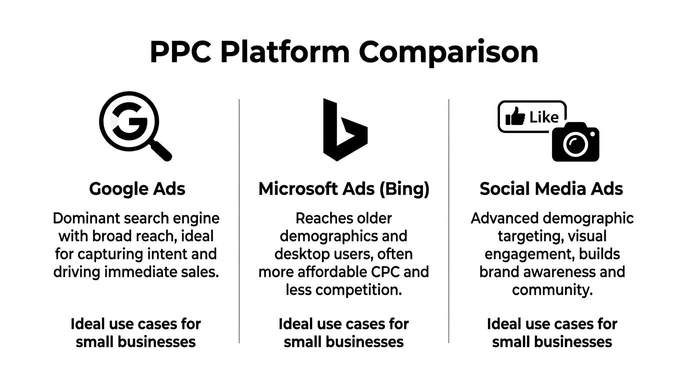 A comparison chart outlining the key features and benefits of Google Ads, Microsoft Ads, and Social Media Ads.