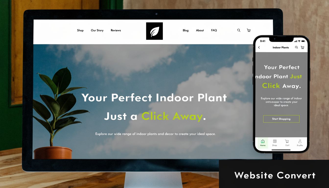 A desktop monitor and smartphone displaying a modern, clean e-commerce website design for indoor house plants.