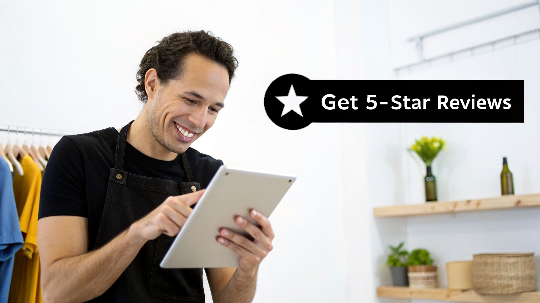 A smiling man in a black apron uses a tablet, with a banner saying 'Get 5-Star Reviews'.