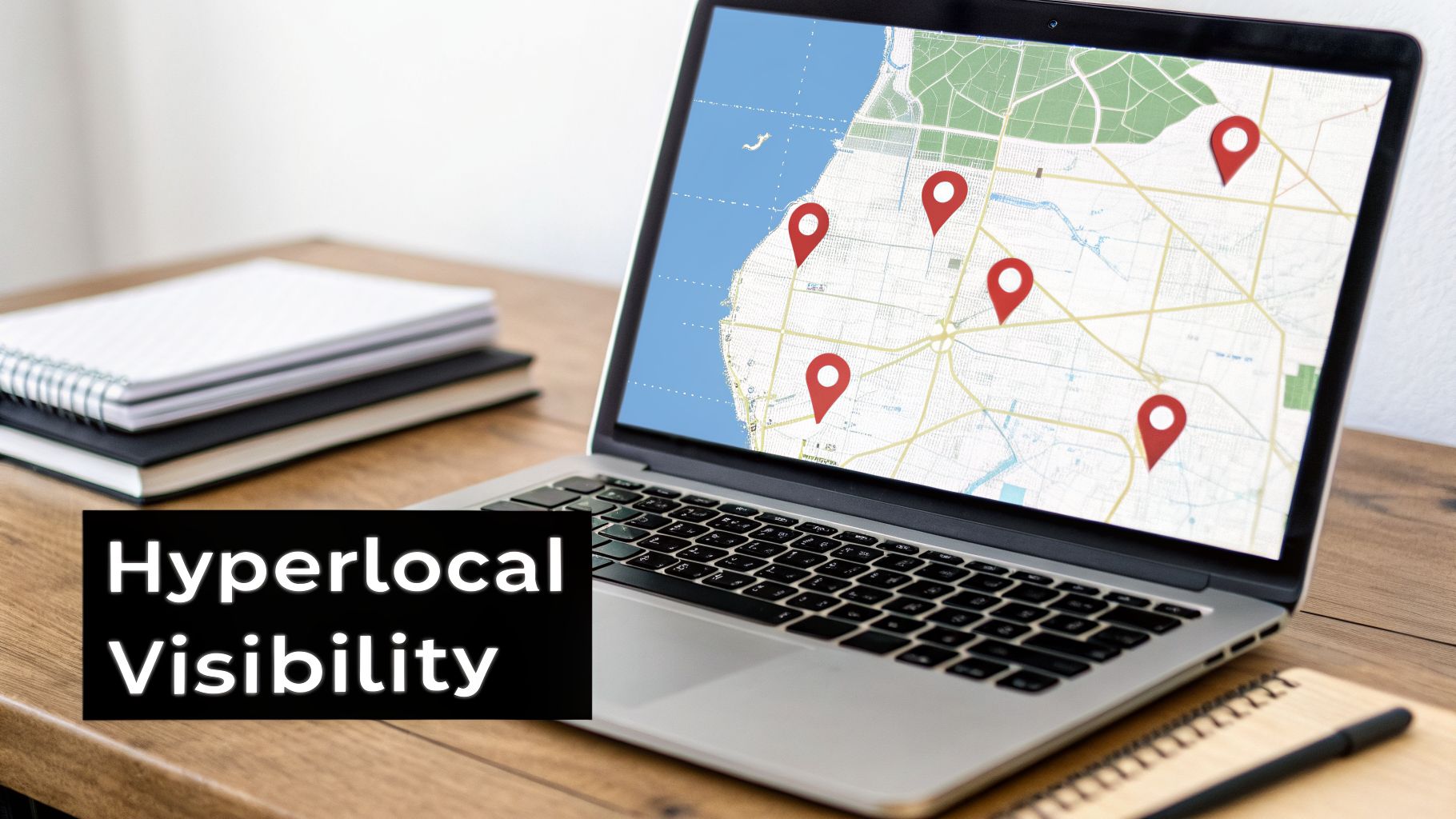 Laptop displaying a map with multiple red location pins, emphasizing hyperlocal visibility and local SEO.