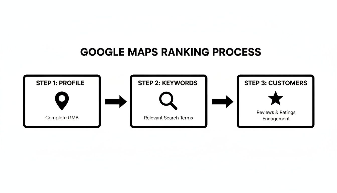 A diagram illustrating the Google Maps ranking process with three steps: profile, keywords, and customers.