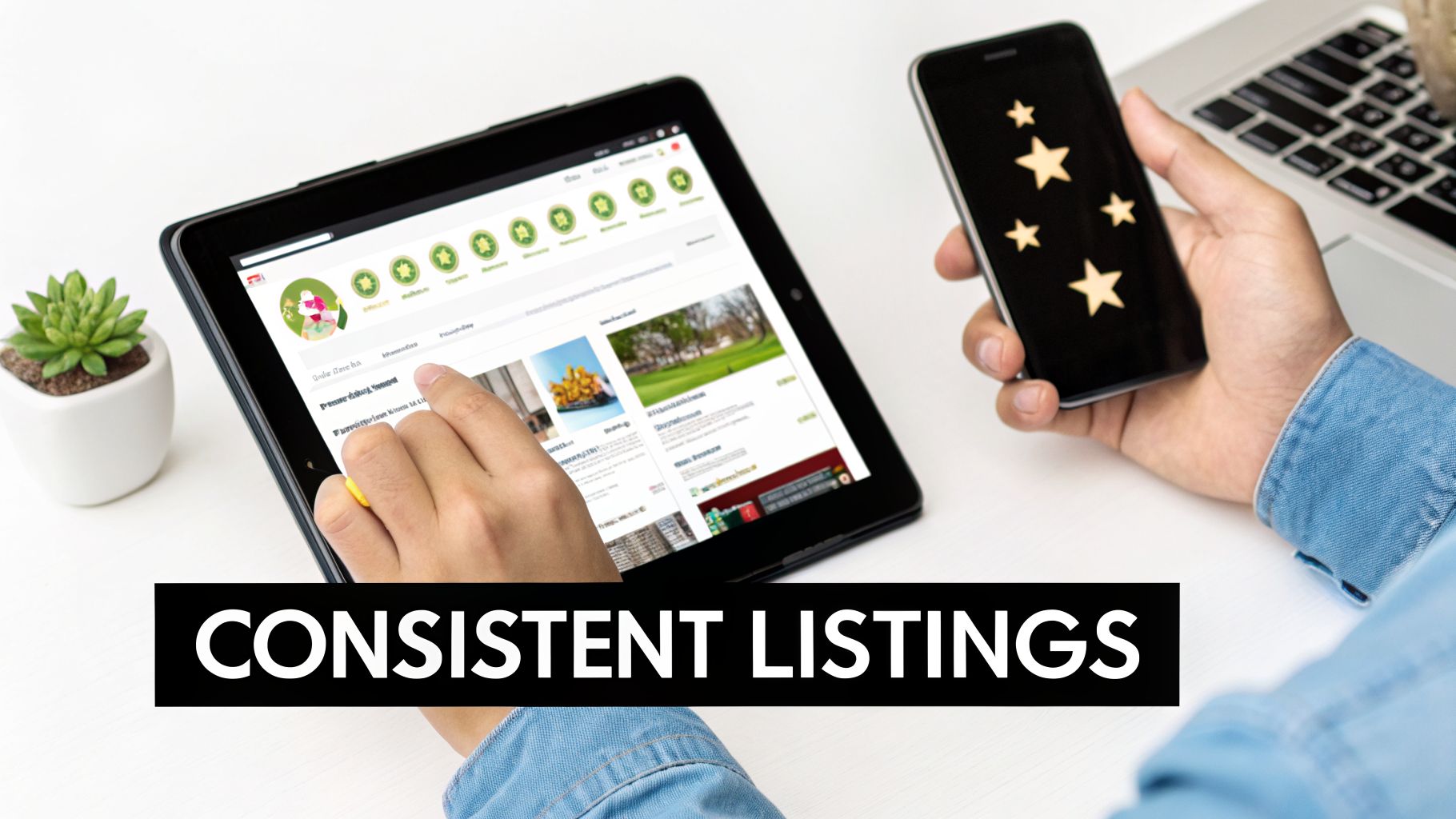 A person browsing online listings on a tablet while holding a smartphone, emphasizing consistent listings.