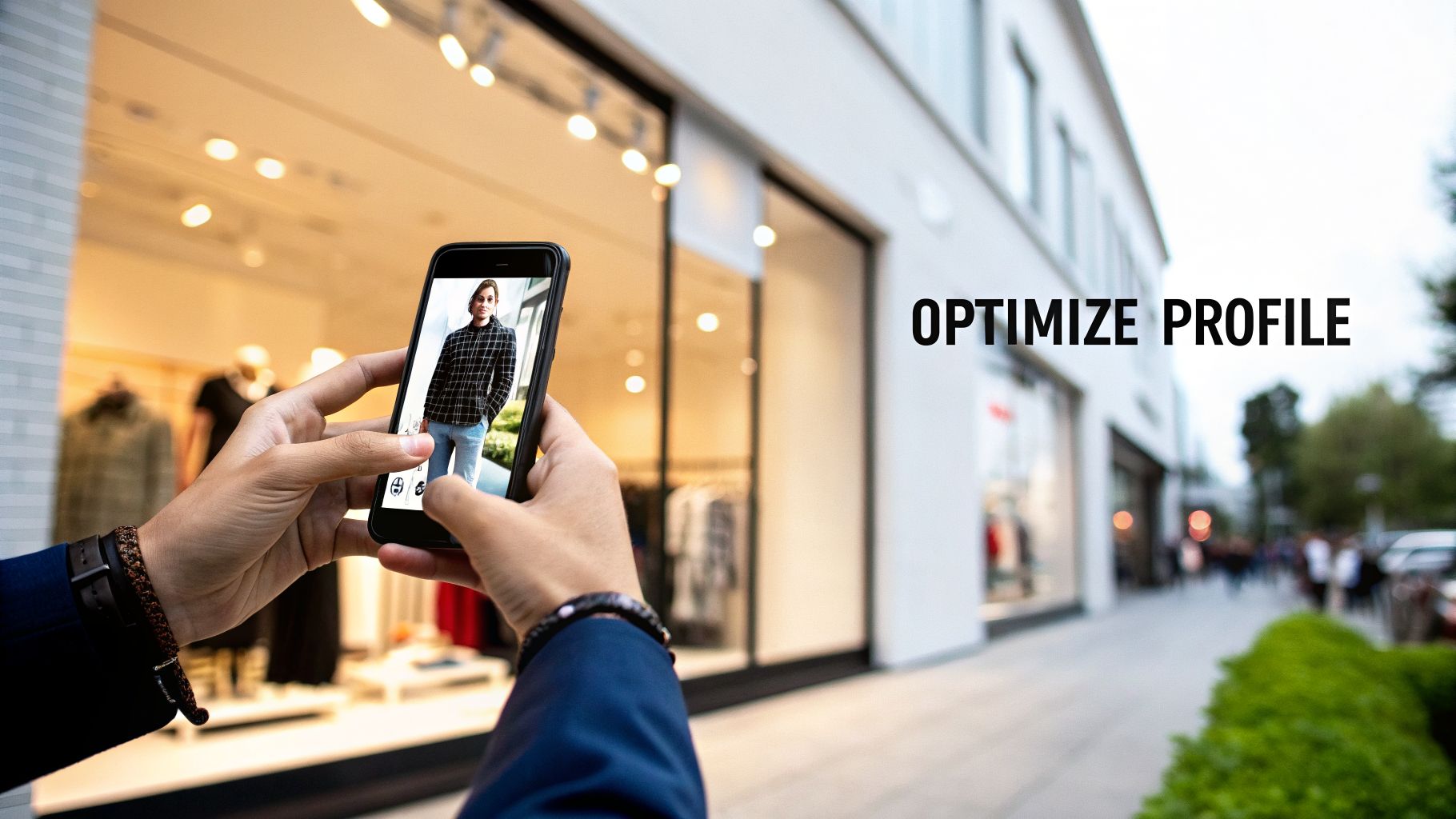Hands holding a smartphone showing a person in a plaid shirt, with 'OPTIMIZE PROFILE' text in a shopping area.