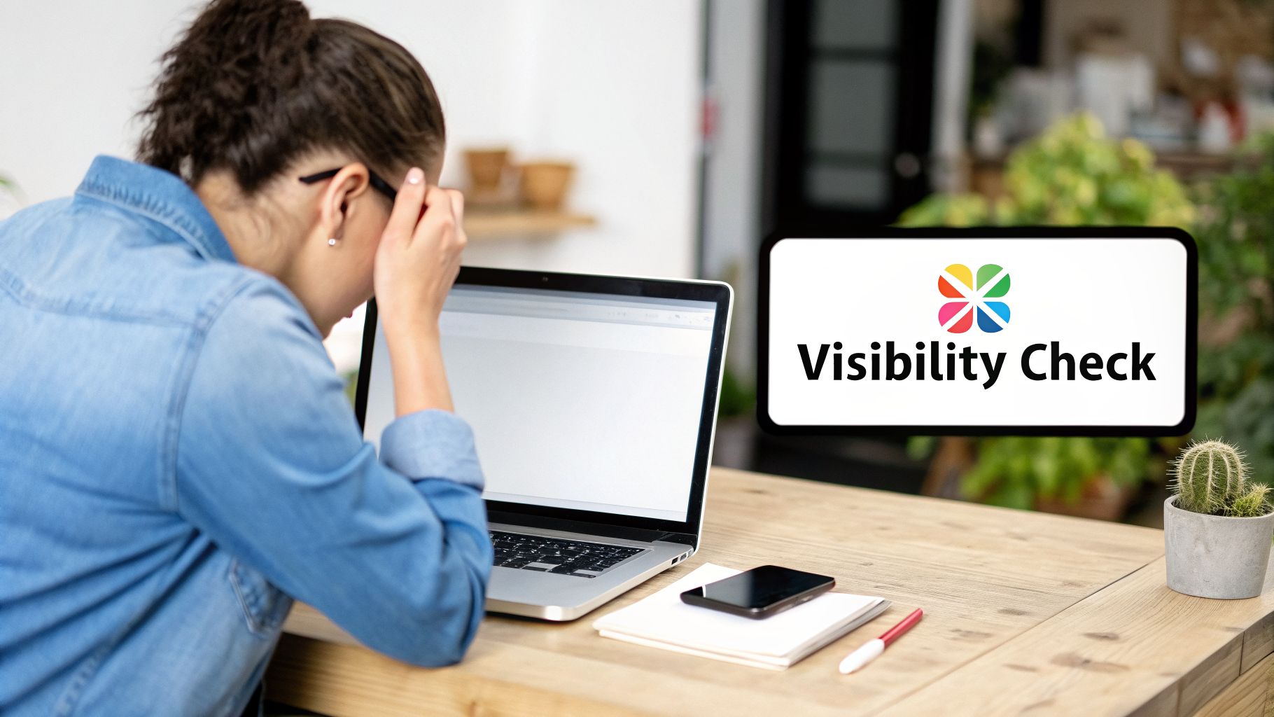A frustrated woman working on a laptop, with a "Visibility Check" sign on the right, symbolizing business online presence issues.