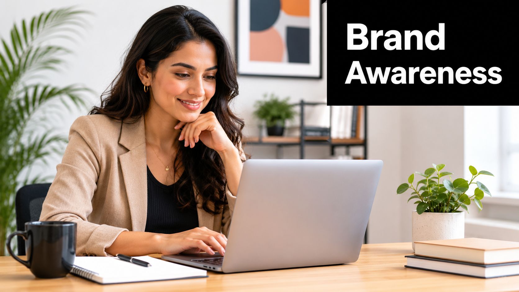 A professional woman working on a laptop at a desk with branding concepts visible on the screen.