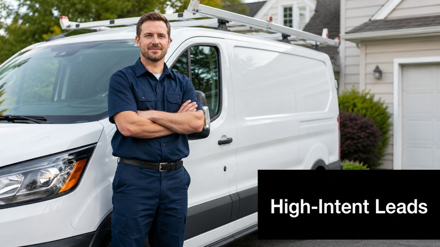 A professional service technician standing in front of a white work van with high-intent leads text overlay.