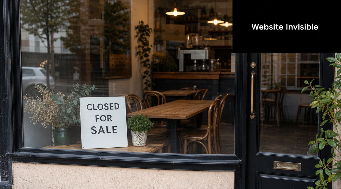 A sign that says closed for sale displayed in the window of a small coffee shop.
