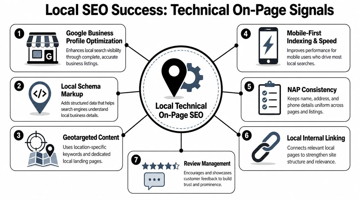 A diagram illustrating seven essential technical on-page signals for improving local search engine optimization success.