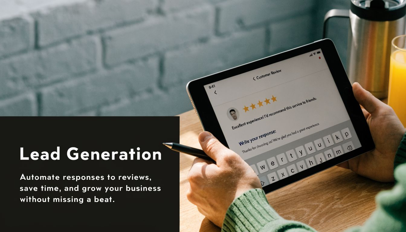 A person using a tablet to write an automated response to a five-star customer review online.