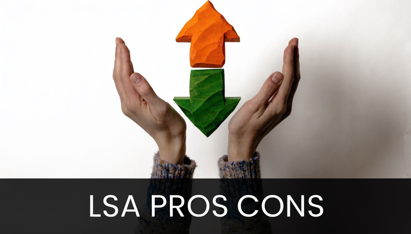 Two hands holding an orange upward arrow above a green downward arrow representing LSA pros and cons.