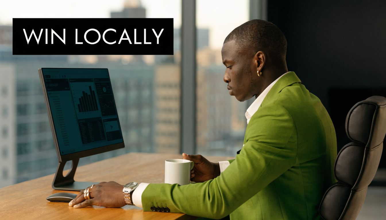 A professional man in a green suit works on a digital dashboard at his desk.