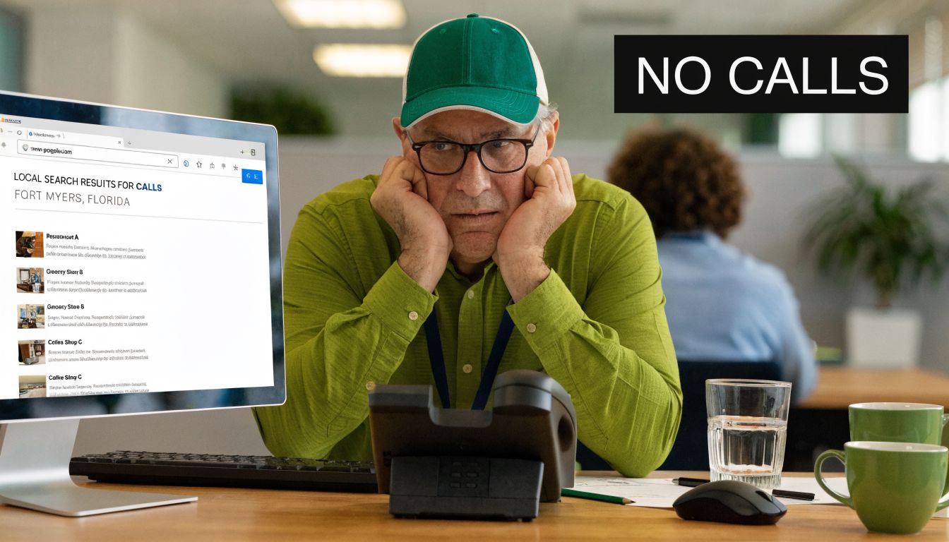 A frustrated office worker stares at a computer screen showing no local search results for calls.
