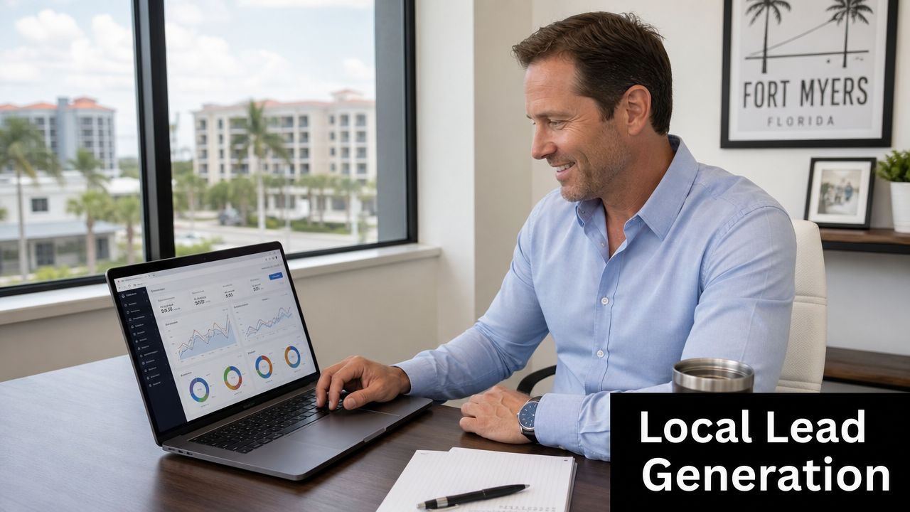 A professional man sitting at a desk and reviewing business analytics on his laptop in a modern office.
