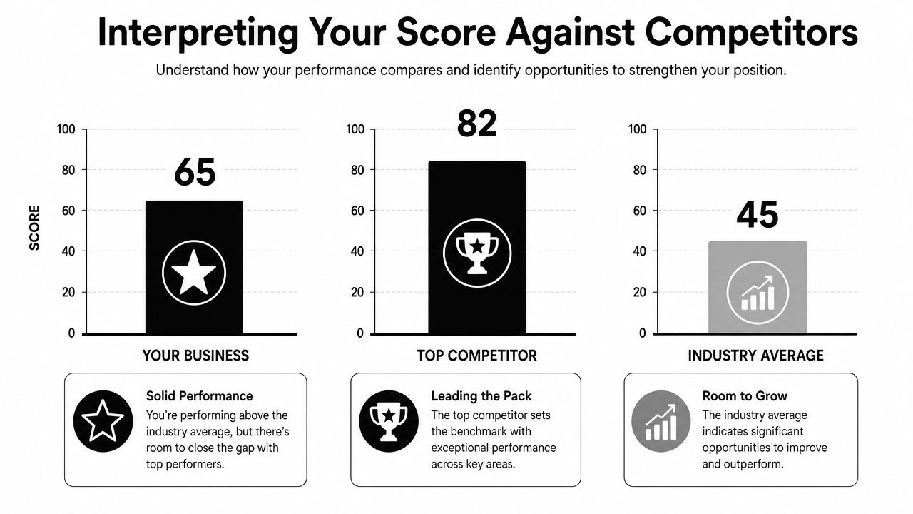 A bar chart comparing business performance scores against the top competitor and industry average.