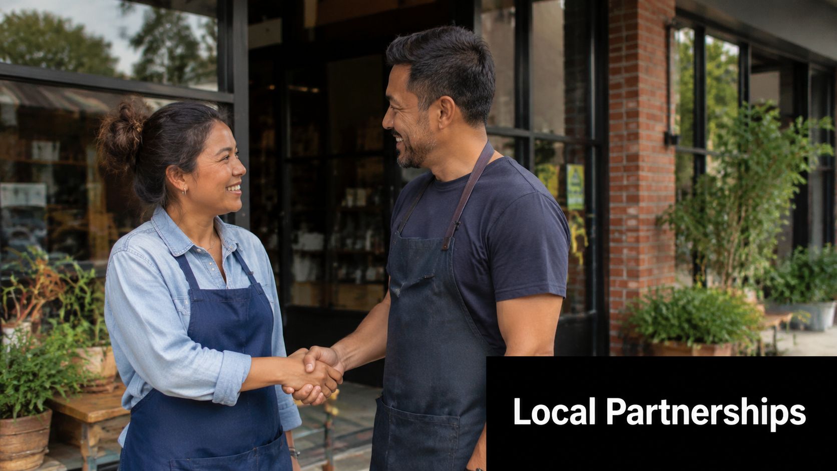 A male and female business owner shaking hands outside a local shop, representing community collaboration and partnership.