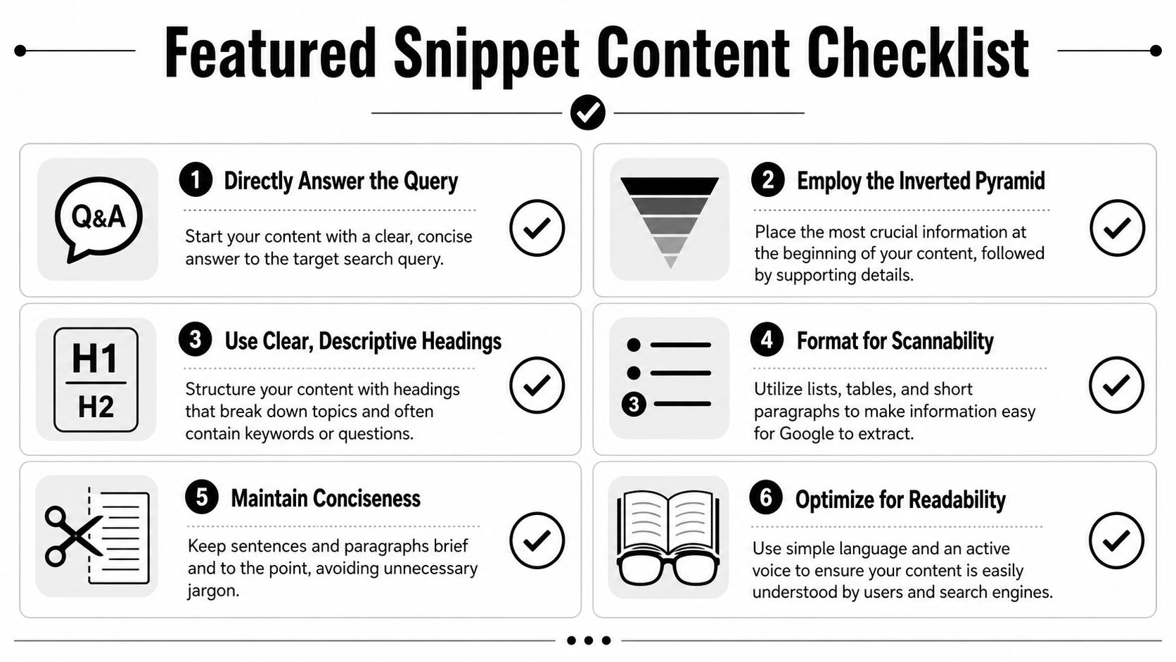 A checklist infographic titled Featured Snippet Content Checklist outlining six key strategies for SEO content optimization.