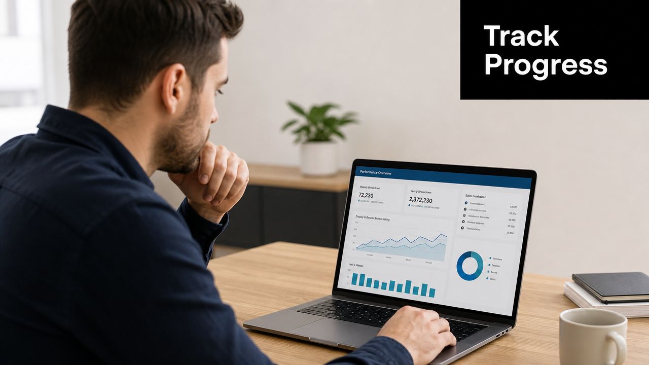 A professional man sitting at a desk and reviewing business performance data on a laptop screen.