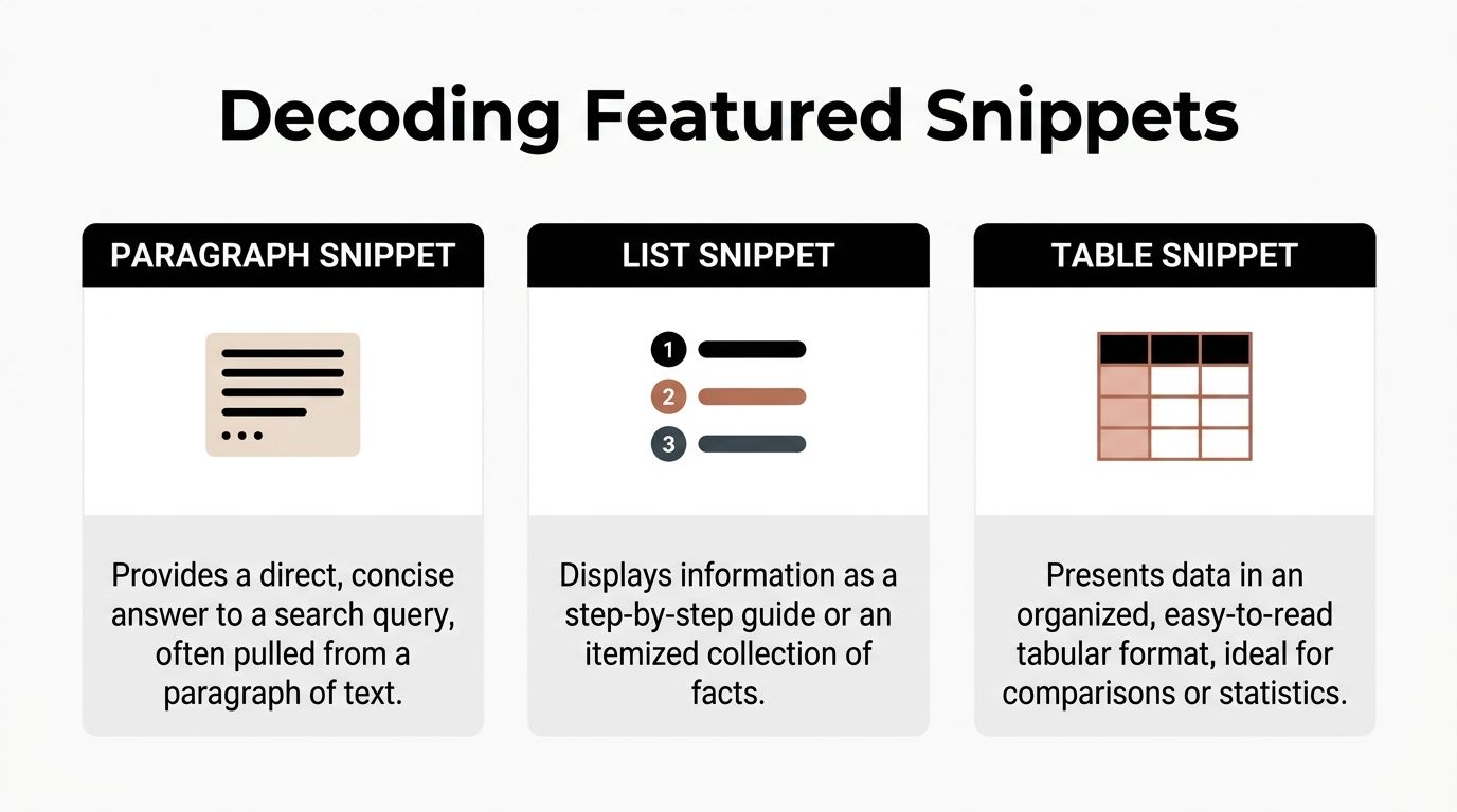 An infographic titled Decoding Featured Snippets showing paragraph, list, and table snippet types with brief definitions.