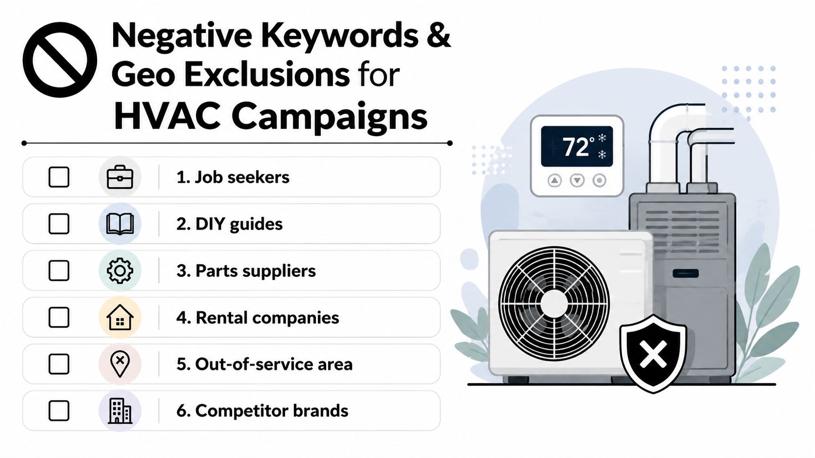 A list of negative keywords and geographic exclusions for optimizing HVAC industry Google Ads campaigns.