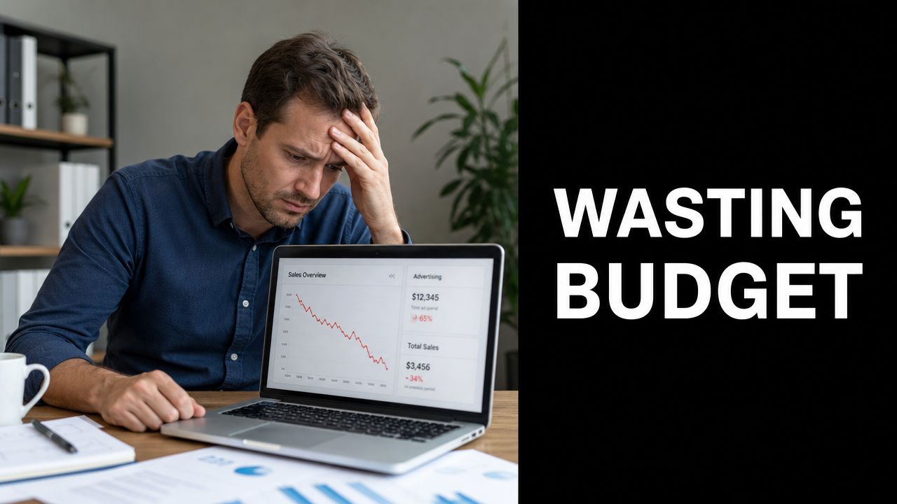 A stressed man looking at a laptop showing a sales decline and high advertising costs.