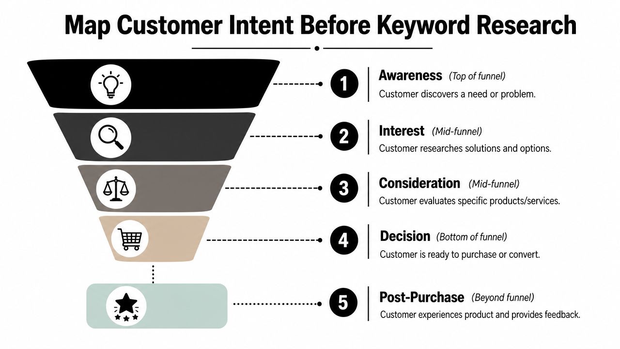 A funnel diagram illustrating five stages of customer intent from awareness to post-purchase for search strategy.